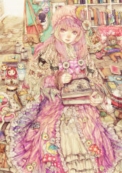 Rule 34 | 1girl, adapted costume, bad id, bad pixiv id, bag, bird, book, bookshelf, box, bug, butterfly, can, crescent, deer, dress, embellished costume, envelope, female focus, hair ribbon, hat, highres, bug, lace, lamp, long hair, md5 mismatch, mushroom, needle, painting (medium), patchouli knowledge, patterned, pillow, purple dress, purple eyes, purple hair, ribbon, sitting, smile, solo, stuffed animal, stuffed toy, teddy bear, touhou, traditional media, watercolor (medium), yogisya