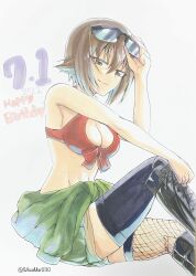 Rule 34 | 1girl, adjusting eyewear, asymmetrical legwear, bikini, bikini top only, black footwear, black thighhighs, boots, breasts, brown eyes, brown hair, brown shorts, cleavage, closed mouth, clothes around waist, commentary, cross-laced footwear, dated, english text, eyewear on head, fishnet thighhighs, fishnets, front-tie bikini top, front-tie top, girls und panzer, happy birthday, highres, knee boots, lace-up boots, looking at viewer, medium breasts, mismatched legwear, navel, nishizumi maho, red bikini, sawamaru30, short hair, short shorts, shorts, sitting, smile, solo, sunglasses, swimsuit, thighhighs, traditional media, twitter username, white background