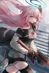 Rule 34 | 1girl, ambriel (arknights), arknights, bad id, bad twitter id, black choker, black gloves, black jacket, black ribbon, black shorts, black thighhighs, blush, breasts, choker, commentary request, day, floating hair, food, food in mouth, gloves, grey shirt, gun, hair ribbon, halo, highres, holding, holding gun, holding weapon, infection monitor (arknights), jacket, long hair, long sleeves, looking at viewer, medium breasts, mouth hold, one side up, open clothes, open jacket, outdoors, pink hair, pocky, purple eyes, railing, ribbon, rifle, shirt, short shorts, shorts, sniper rifle, solo, sunlight, tarutaru yamaoka, thighhighs, very long hair, walking, weapon, wind
