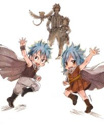 Rule 34 | 2boys, 2girls, black footwear, blue hair, brown eyes, brown footwear, brown shirt, brown skirt, cape, closed eyes, fairy tail, feathered wings, full body, gajeel redfox, grey cape, hand on own hip, levy mcgarden, long hair, looking at viewer, midriff, miniskirt, multiple boys, multiple girls, navel, pantherlily, panties, pleated skirt, running, rusky, shirt, skirt, sleeveless, sleeveless shirt, smile, spiked hair, standing, stomach, underwear, waving, white panties, wings
