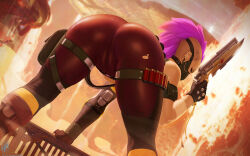 Rule 34 | 1girl, arm support, ass, bent over, black gloves, brown gloves, brown pants, cameltoe, ear piercing, earrings, escher girl, feet out of frame, fingerless gloves, from behind, gloves, green thighhighs, gun, hand up, head tattoo, highres, holding, holding gun, holding weapon, jewelry, mask, mouth mask, outdoors, pants, piercing, pink hair, pouch, shiny clothes, solo, themaestronoob, thigh pouch, thighhighs, undercut, warhammer 40k, weapon