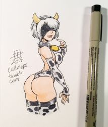 Rule 34 | 1girl, 2017, android, animal print, ass, bell, blindfold, breasts, callmepo, cow print, cowbell, highres, nier, nier (series), nier:automata, solo, tagme, traditional media, 2b (nier:automata)
