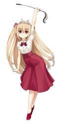 Rule 34 | 1girl, arm at side, arm up, blue eyes, bow, bowtie, breasts, brooch, closed mouth, collared shirt, corset, dress shirt, elf, full body, gem, hair between eyes, high heels, highres, jewelry, long hair, looking at viewer, original, pointy ears, puffy short sleeves, puffy sleeves, red eyes, red footwear, red skirt, riding crop, shirt, shoes, short sleeves, simple background, skirt, small breasts, smile, solo, standing, tassel, tiara, totto, very long hair, white background, white shirt