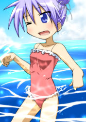Rule 34 | 00s, 1girl, alternate hairstyle, bad id, bad pixiv id, blue eyes, double bun, female focus, hair bun, hiiragi kagami, lucky star, oku no shi, one-piece swimsuit, one eye closed, outdoors, purple hair, sky, solo, swimsuit, wading, water, wink