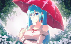 Rule 34 | 1girl, absurdres, bare shoulders, blue eyes, blue hair, blush, bow, breasts, bush, closed mouth, collarbone, detached sleeves, flower, hair ornament, hatsune miku, highres, holding, holding umbrella, large breasts, long hair, looking at viewer, matching hair/eyes, rain, red bow, smile, solo, twintails, umbrella, upper body, vocaloid, z666ful