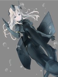 Rule 34 | 10s, 1girl, bad id, bad twitter id, blonde hair, blurry, bodysuit, bubble, cropped jacket, expressionless, eyebrows, full body, grey background, hair between eyes, headgear, holding, kantai collection, long hair, looking at viewer, machinery, military, military uniform, pale skin, puffy sleeves, solo, u-511 (kancolle), uniform, yuki (yukin0128)