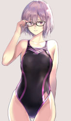 Rule 34 | 1girl, adjusting eyewear, alternate costume, black-framed eyewear, breasts, cafe au lait (kafeore), competition swimsuit, cowboy shot, eyes visible through hair, fate/grand order, fate (series), glasses, hair over one eye, looking at viewer, mash kyrielight, medium breasts, one-piece swimsuit, parted lips, purple eyes, purple hair, short hair, simple background, sketch, smile, solo, swimsuit