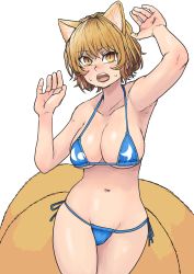 Rule 34 | 1girl, absurdres, animal ears, armpits, arms up, bare shoulders, bikini, blonde hair, blue bikini, blush, breasts, chanta (ayatakaoisii), cowboy shot, fox ears, fox tail, highres, large breasts, looking at viewer, navel, open mouth, short hair, simple background, solo, swimsuit, tail, touhou, white background, yakumo ran, yellow eyes