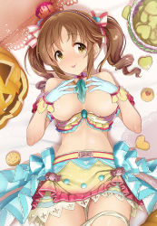Rule 34 | 1girl, areola slip, bare shoulders, blush, bow, breasts, breasts out, brown eyes, brown hair, cookie, detached collar, food, gloves, hair bow, hair ornament, hands on own chest, highres, hip focus, idolmaster, idolmaster cinderella girls, idolmaster cinderella girls starlight stage, jack-o&#039;-lantern, large breasts, long hair, looking at viewer, lying, mk (mod0), on back, panties, panty pull, pink skirt, sash, sidelocks, skirt, smile, solo, thighs, tongue, tongue out, top pull, totoki airi, twintails, two-tone skirt, underwear, undressing, white panties, yellow skirt
