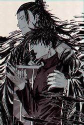 Rule 34 | 2boys, bad id, bad twitter id, black hair, commentary request, evil smile, fingernails, fushiguro megumi, fushirun rung, getou suguru, hair bun, hand on another&#039;s shoulder, highres, japanese clothes, jujutsu kaisen, kesa, kimono, long hair, long sleeves, looking to the side, male focus, monochrome, multiple boys, open mouth, own hands together, plug (piercing), short hair, single hair bun, smile, spiked hair, sweater, turtleneck, turtleneck sweater, wide sleeves