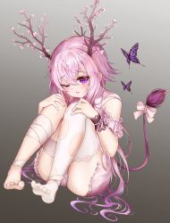 Rule 34 | 1girl, absurdres, antlers, ass, player character (mabinogi), bandaged leg, bandages, bare shoulders, barefoot, blue butterfly, blue eyes, blush, breasts, brown background, bug, butterfly, dasima, dress, gradient background, hair between eyes, hands on own knee, highres, horns, insect, long hair, looking at viewer, mabinogi, no shoes, one eye closed, open mouth, pink dress, pink hair, purple eyes, ribbon, simple background, single thighhigh, smile, solo, tail, tail ornament, tail ribbon, teeth, thighhighs, torn clothes, torn thighhighs, upper teeth only, very long hair, white ribbon, white thighhighs, wrist cuffs
