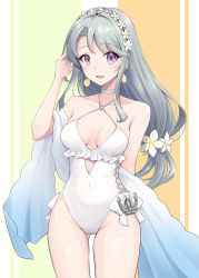 Rule 34 | 1girl, breasts, collarbone, cowboy shot, earrings, flower, grey hair, hair flower, hair ornament, highres, jewelry, kantai collection, kodama (mmt uf), long hair, medium breasts, official alternate costume, one-piece swimsuit, open mouth, purple eyes, sagiri (kancolle), smile, solo, swimsuit, white flower, white one-piece swimsuit