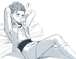 Rule 34 | 1boy, ?, arms behind head, arms up, blush, boots, camus (dq11), closed mouth, collarbone, dragon quest, dragon quest xi, earrings, from side, greyscale, jewelry, long sleeves, male focus, mondi hl, monochrome, necklace, pants, shirt, sitting, solo, spiked hair, spoken question mark