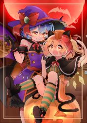 Rule 34 | 2girls, animal ears, back bow, basket, bat (animal), bat wings, black capelet, black footwear, blonde hair, blue hair, boots, bow, capelet, cat ears, cat tail, closed mouth, commentary request, dress, flandre scarlet, frilled capelet, frills, full moon, glowing, glowing eyes, green legwear, hair bow, halloween, halloween costume, happy, hat, hat bow, holding, holding basket, jack-o&#039;-lantern, laspberry., mob cap, moon, multiple girls, off-shoulder dress, off shoulder, open mouth, orange dress, orange headwear, orange legwear, pumpkin, purple dress, purple headwear, red bow, red eyes, red moon, red ribbon, remilia scarlet, ribbon, short hair, side ponytail, sitting, smile, socks, striped clothes, striped legwear, striped socks, tail, touhou, vertical-striped clothes, vertical-striped socks, wings, witch, witch hat