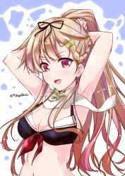 Rule 34 | &gt;:d, 1girl, :d, adapted costume, alternate costume, armpits, arms behind head, arms up, bikini, black bikini, black ribbon, blush, braid, breasts, cleavage, french braid, gradient hair, hair ornament, hair ribbon, hairclip, kantai collection, long hair, medium breasts, mikage takashi, multicolored hair, open mouth, orange hair, ponytail, red eyes, ribbon, scarf, smile, solo, swimsuit, twitter username, upper body, v-shaped eyebrows, white scarf, yuudachi (kancolle), yuudachi kai ni (kancolle)