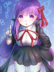 Rule 34 | :o, artist request, bb (fate), black coat, black legwear, black skirt, blush, bow, bowtie, breasts, coat, fate (series), gloves, hair bow, index finger raised, large breasts, leaning forward, long hair, long sleeves, open mouth, purple eyes, purple hair, red bow, red bowtie, red ribbon, ribbon, shirt, skirt, thighhighs, very long hair, white gloves, white shirt, wide sleeves
