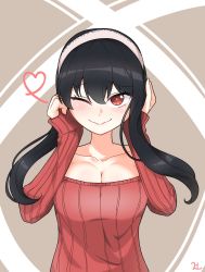 Rule 34 | 1girl, absurdres, black hair, breasts, brown background, cleavage, closed mouth, collarbone, densaneraa, floating hair, hairband, hands on own cheeks, hands on own face, hands up, heart, highres, large breasts, long hair, looking at viewer, off-shoulder sweater, off shoulder, one eye closed, raised eyebrows, red eyes, red sweater, sidelocks, smile, solo, spy x family, sweater, upper body, wavy mouth, white hairband, yor briar