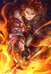 Rule 34 | 10s, 1boy, armor, fire, granblue fantasy, holding, holding weapon, male focus, open mouth, percival (granblue fantasy), red eyes, red hair, smile, solo, weapon, yorukage