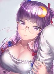 Rule 34 | 1boy, 1girl, arm hug, bespectacled, blush, bow, breasts, cleavage, crescent, crescent hair ornament, double bun, glasses, hair bow, hair ornament, kfr, large breasts, locked arms, long hair, moon, patchouli knowledge, purple eyes, purple hair, revision, sidelocks, smile, solo focus, touhou