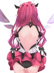 Rule 34 | 1girl, absurdres, akarinnndesu, ass, back, back focus, backless outfit, black panties, double halo, frilled skirt, frills, from behind, halo, highres, hololive, hololive english, horns, irys (hololive), long hair, panties, pointy ears, red hair, simple background, skirt, solo, underwear, virtual youtuber, white background, wings