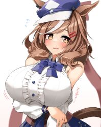 Rule 34 | 1girl, absurdres, alternate breast size, animal ears, blush, breasts, brown eyes, brown hair, clothing cutout, commentary request, hair between eyes, hair ornament, hairclip, hat, highres, horse ears, horse girl, komb, large breasts, looking at viewer, matikane tannhauser (umamusume), medium hair, open mouth, shoulder cutout, simple background, solo, sweat, umamusume