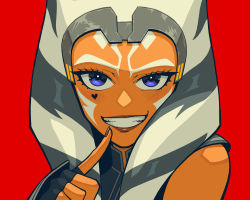 Rule 34 | 1girl, 5health, absurdres, ahsoka tano, alien, animification, black gloves, blush, colored skin, fingerless gloves, gloves, heart, highres, lips, looking at viewer, orange skin, red background, simple background, smile, solo, star wars, star wars: the clone wars, teeth, togruta