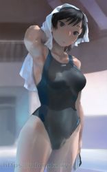 Rule 34 | 1girl, amagami, black eyes, black hair, breasts, closed mouth, commentary request, competition swimsuit, looking at viewer, medium breasts, odonata xyz, one-piece swimsuit, ponytail, pool, solo, swimsuit, towel, towel on head, tsukahara hibiki, watermark, web address, wet