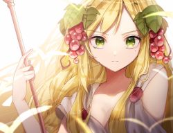 Rule 34 | 1girl, blonde hair, braid, breasts, cleavage, eyelashes, food, fruit, grapes, green eyes, hair fruit, hair ornament, leaf, leaf hair ornament, long hair, looking at viewer, magi the labyrinth of magic, mame kuri, mole, mole under eye, scheherazade (magi), simple background, solo, staff, tears, upper body, white background