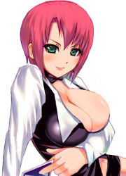 Rule 34 | 1girl, bad id, bad pixiv id, breasts, card, cleavage, croupier, green eyes, holding, holding card, huge breasts, miyamoto issa, red hair, rio rollins, short hair, solo, super blackjack