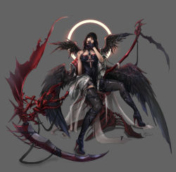 Rule 34 | 1girl, absurdres, black hair, black wings, blue eyes, dungeon and fighter, female priest (dungeon and fighter), gloves, highres, looking at viewer, mistress (dungeon and fighter), open mouth, scythe, short hair, simple background, solo, thighhighs, wings