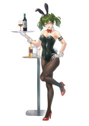 1girl alcohol alternate_hairstyle animal_ears bare_shoulders black_leotard black_pantyhose bottle bow bowtie breasts cleavage collar cup drinking_glass fake_animal_ears fake_tail full_body gloves high_heels highres holding holding_plate leotard medium_breasts open_mouth pantyhose plate playboy_bunny purple_eyes rabbit_ears rabbit_tail red_bow red_bowtie short_hair solo sousou_no_frieren standing standing_on_one_leg tail tight_(ohmygod) twintails ubel_(sousou_no_frieren) white_background white_collar white_gloves wine_bottle wine_glass wrist_cuffs