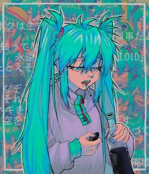 Rule 34 | 1girl, absurdres, alternate costume, aqua eyes, aqua hair, artist name, artist self-reference, blue nails, bottle, cigarette, commentary, english commentary, grey sweater, hair ornament, half-closed eyes, hands up, hatsune miku, highres, holding, holding bottle, holding lighter, lighter, long hair, long sleeves, messy hair, mouth hold, nail polish, open mouth, sainttufa, solo focus, sweater, translation request, twintails, upper body, very long hair, vocaloid, watermark