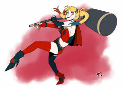 Rule 34 | 1girl, absurdres, blonde hair, blue eyes, blue hair, boots, breasts, cape, cleavage, colored skin, dc comics, hammer, harley quinn, high heel boots, high heels, highres, lipstick, makeup, multicolored hair, solo, thighhighs, twintails, white skin