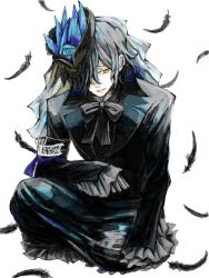 Rule 34 | 00s, 1boy, black hair, blue rose, bow, coat, earrings, feathers, flower, formal, gilbert nightray, gloves, hair ornament, hat, hat flower, jewelry, male focus, pandora hearts, rose, short hair, single earring, sitting, solo, trench coat, victorian, yellow eyes