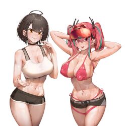 Rule 34 | 2girls, absurdres, ahoge, armpits, arms behind head, arms up, azur lane, baltimore (azur lane), baltimore (black ace) (azur lane), bare shoulders, belt, bikini, black choker, black shorts, braid, breasts, bremerton (azur lane), brown hair, choker, cleavage, closed mouth, collarbone, commentary, commission, contrapposto, covered erect nipples, cowboy shot, ear piercing, english commentary, eyewear on head, french braid, grey belt, grey hair, groin, hair between eyes, hair intakes, hair ornament, hand up, highleg, highleg bikini, highres, large breasts, long hair, looking at viewer, mole, mole under eye, multicolored hair, multiple girls, navel, navel piercing, official alternate costume, piercing, pink eyes, pink hair, pixiv commission, red-tinted eyewear, short hair, short shorts, shorts, side-tie bikini bottom, sidelocks, simple background, smile, sports bra, sportswear, standing, stomach, streaked hair, sunglasses, sweat, swimsuit, tagua, thigh strap, tinted eyewear, tongue, tongue out, tongue piercing, twintails, two-tone hair, white background, white sports bra, yellow eyes