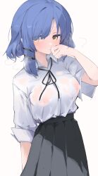 Rule 34 | 1girl, black ribbon, black skirt, blue hair, bocchi the rock!, breasts, collared shirt, covering own mouth, hand over own mouth, highres, medium breasts, mikozin, mole, mole under eye, neck ribbon, nipples, nipples through clothes, nipples visible through clothes, no bra, pleated skirt, ribbon, school uniform, see-through, see-through shirt, shirt, shirt tucked in, short hair, simple background, skirt, solo, white background, white shirt, yamada ryo, yellow eyes