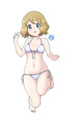 Rule 34 | 1girl, absurdres, bare arms, barefoot, bikini, blonde hair, blue eyes, blush, cameltoe, commentary request, creatures (company), full body, game freak, hand up, highres, looking at viewer, navel, nintendo, open mouth, pokemon, pokemon (anime), pokemon xy (anime), serena (pokemon), short hair, side-tie bikini bottom, simple background, smile, solo, swimsuit, tax2rin, toes, tongue, white background, white bikini