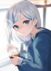Rule 34 | 1girl, blue eyes, blue hair, blue jacket, blurry, blurry background, closed mouth, cup, disposable cup, drink, drinking straw, gawr gura, highres, holding, holding drink, hololive, hololive english, jacket, light smile, long hair, long sleeves, looking at viewer, mokew, multicolored hair, nail polish, scrunchie, sidelocks, solo, streaked hair, swept bangs, upper body, virtual youtuber, white hair