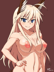 Rule 34 | 1girl, ahoge, blonde hair, blue eyes, breasts, brown background, cleavage, cowboy shot, hand on own hip, hanna-justina marseille, head wings, highres, large breasts, long hair, navel, nipples, nishiumi yuuta, nude, smile, solo, strike witches, wings, world witches series