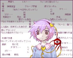 Rule 34 | 1girl, empty eyes, female focus, grey background, hairband, heart, komeiji satori, lowres, partially translated, pink hair, seki (red shine), short hair, solo, touhou, translation request, upper body, white background