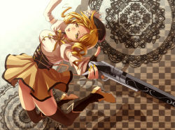 Rule 34 | 10s, 1girl, asura (asr4000), bad id, bad pixiv id, beret, blonde hair, boots, breasts, brown thighhighs, checkered background, colorized, corset, detached sleeves, drill hair, fingerless gloves, gloves, gun, hair ornament, hairpin, hat, large breasts, magical girl, magical musket, mahou shoujo madoka magica, mahou shoujo madoka magica (anime), nail polish, pleated skirt, puffy sleeves, ribbon, rifle, shirt, shiyuta, skirt, solo, taut clothes, taut shirt, thighhighs, tomoe mami, twin drills, twintails, weapon, yellow eyes, zettai ryouiki