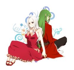 Rule 34 | 1boy, 1girl, back-to-back, blue eyes, bow, dress, fairy tail, forehead, freed justine, green hair, indian style, leghorn, long hair, looking back, mary janes, mirajane strauss, purple eyes, shoes, sitting, topknot, white hair
