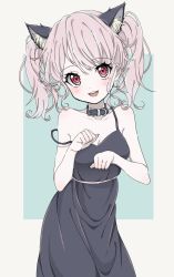 Rule 34 | 1girl, :d, animal ears, azuki (ckxs7444), bang dream!, black collar, black dress, blush, breasts, cat ears, cleavage, collar, collarbone, dress, highres, kemonomimi mode, looking at viewer, maruyama aya, muted color, open mouth, pale skin, paw pose, pink eyes, pink hair, round teeth, smile, solo, spaghetti strap, strap slip, teeth, twintails, upper teeth only