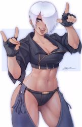 Rule 34 | angel (kof), boots, bra, breasts, chaps, cleavage, cowboy boots, cropped jacket, fingerless gloves, fox shadow puppet, gloves, hair over one eye, highres, its just suppi, jacket, large breasts, leather, leather jacket, mexico, piercing, snk, solo, solo focus, strapless, strapless bra, the king of fighters, the king of fighters 2001, the king of fighters xiv, toned, tongue, tongue out, tongue piercing, underwear