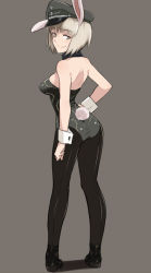 Rule 34 | 1girl, animal ears, ass, back-seamed legwear, bare shoulders, black pantyhose, blush, breasts, em (totsuzen no hakike), fake animal ears, grey background, grey eyes, hat, huberta von bonin, large breasts, leotard, military hat, pantyhose, playboy bunny, rabbit ears, rabbit tail, seamed legwear, short hair, silver hair, simple background, smile, solo, strike witches, tail, world witches series, wrist cuffs