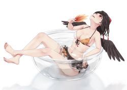 Rule 34 | 1girl, adapted costume, bare arms, bare legs, bare shoulders, barefoot, bikini, black hair, black skirt, black wings, blush, bowl, breasts, collarbone, commentary request, feathered wings, front-tie bikini top, front-tie top, full body, glass bowl, halterneck, hand fan, hat, holding, holding fan, in bowl, in container, leaf fan, leaf print, looking up, medium breasts, microskirt, nail polish, navel, o-ring, o-ring bikini, open mouth, orange bikini, partially submerged, petticoat, red eyes, red nails, shadow, shameimaru aya, short hair, simple background, sitting, skirt, solo, stomach, swimsuit, tassel, thighs, toenail polish, toenails, tokin hat, torinari (dtvisu), touhou, water, white background, white bikini, wings