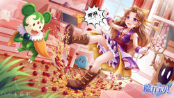 Rule 34 | 1girl, absurdres, ayame (cross gate), boots, brown footwear, brown hair, character request, computer, cross gate, crushing, food, fruit, grapes, highres, indoors, knees up, lamp, laptop, long hair, miniskirt, purple shirt, purple skirt, sakura ayame, shirt, skirt, slipping, tagme, wooden floor