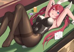 Rule 34 | 1girl, animal ears, armpits, ass, bare shoulders, black leotard, blue eyes, blush, breasts, card, casino card table, commentary, english commentary, fake animal ears, fake tail, heterochromia, highleg, highleg leotard, highres, hololive, hololive english, horns, irys (hololive), large breasts, leotard, long hair, looking at viewer, multicolored hair, on table, open mouth, pantyhose, playboy bunny, playing card, pointy ears, poker chip, poker table, purple eyes, purple hair, rabbit ears, rabbit tail, red hair, shift (shiftillust), solo, strapless, strapless leotard, streaked hair, table, tail, virtual youtuber, wrist cuffs