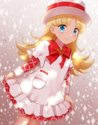 Rule 34 | 1girl, ashita no nadja, blonde hair, blue eyes, blush, bow, bowtie, breasts, brooch, closed eyes, commentary request, cowboy shot, dress, dutch angle, gradient background, hat, heart, heart brooch, jewelry, layered dress, long hair, long sleeves, looking at viewer, nadja applefield, naomi (fantasia), parted bangs, pocket, porkpie hat, red bow, red bowtie, signature, skirt hold, small breasts, smile, solo, sparkle, standing, two-tone background, water drop, white hat