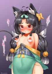Rule 34 | 1girl, animal ears, azur lane, bell, black hair, blush, bow, breasts, fox ears, hair bell, hair bow, hair ornament, highres, japanese clothes, kimono, lactation, long hair, low twintails, milking machine, navel, nipples, open mouth, red eyes, small breasts, solo, tears, twintails, yonkuron, yuubari (azur lane)
